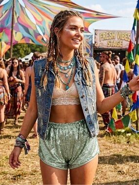 NWT Intimately Free People Gold Dust Sequin High Waist Shorts Sky Blue/Teal-S
